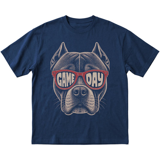 Navy Pitbull Game Day Sunglasses T-shirt, laid flat