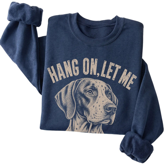 Navy crewneck sweatshirt featuring Overthinking Pointer, folded presentation