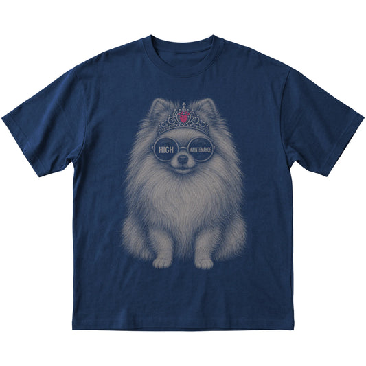 Navy Pomeranian High Maintenance T-Shirt laid flat