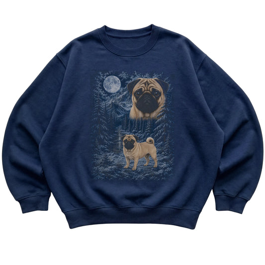 navy sweatshirt with Pug Winter Moon artwork.