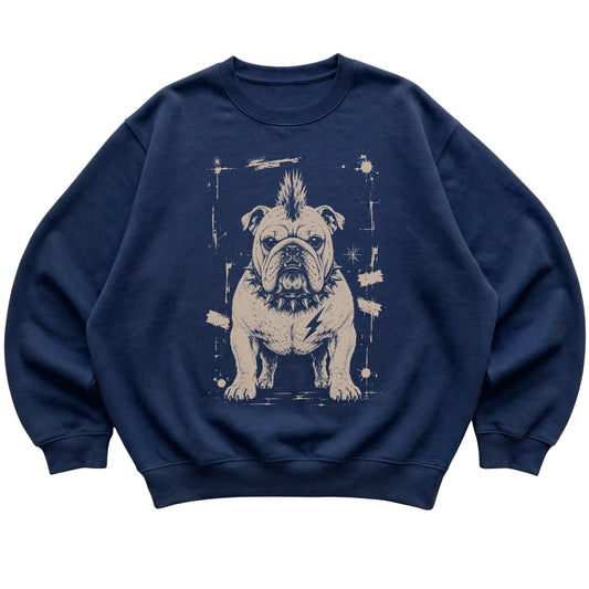Navy Punk Rock English Bulldog sweatshirt, flat view