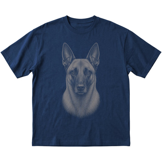 Navy Realistic Drawing Belgian Malinois T-shirt, flat view