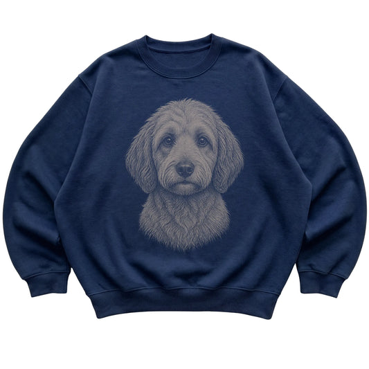 Navy Realistic Drawing Labradoodle sweatshirt, flat view