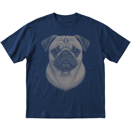Navy Realistic Drawing Pug T-shirt, flat view