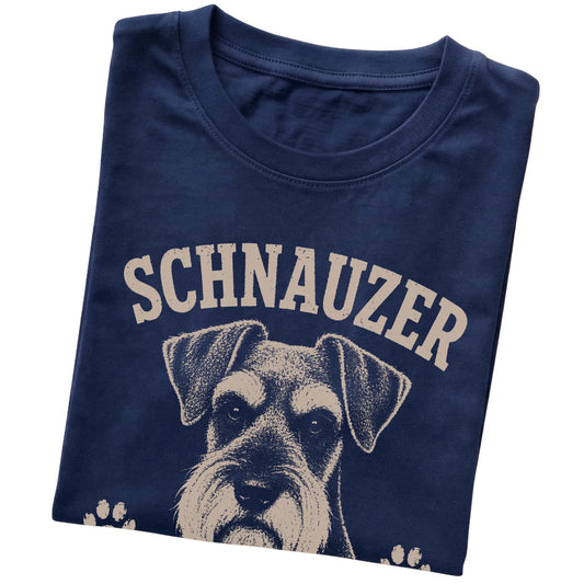 Navy T-shirt featuring Serious Brows, Questionable Decisions - Schnauzer, folded presentation