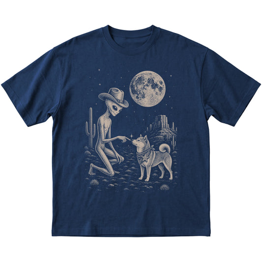 Navy T-shirt featuring Shiba Inu Cowboy and Alien, laid-flat presentation