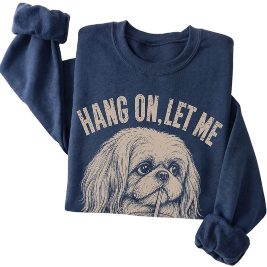 Navy crewneck sweatshirt featuring Overthinking Shih Tzu, folded presentation