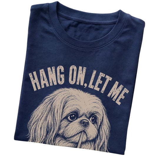 Navy T-shirt featuring Overthinking Shih Tzu, folded presentation