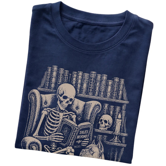 Folded Navy T-shirt with a skeleton reading Tales Beyond to a Cane Corso