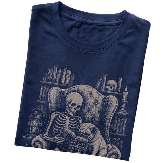 Folded Navy T-shirt with a skeleton reading Tales Beyond to a Pug