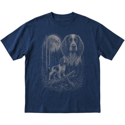 Springer Spaniel Moonlit Forest graphic on a navy Softstyle T-shirt laid flat