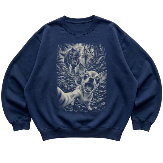 T-Rex Selfie Chihuahua Gildan Heavy Blend Crewneck Sweatshirt in Navy, flat lay