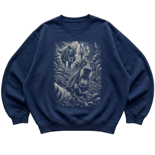 T-Rex Selfie Doberman Gildan Heavy Blend Crewneck Sweatshirt in Navy, flat lay