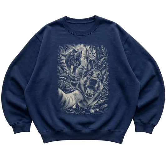 T-Rex Selfie German Shepherd Gildan Heavy Blend Crewneck Sweatshirt in Navy, flat lay
