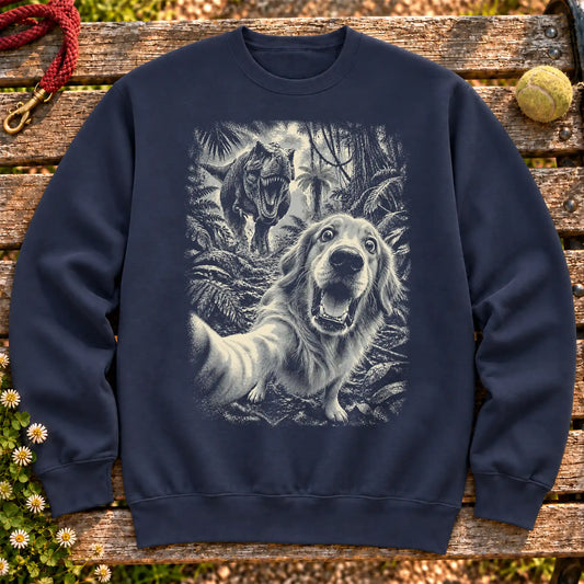 Golden Retriever and T-Rex selfie design on a Navy crewneck sweatshirt shown flat