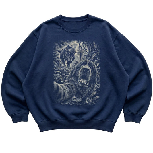 T-Rex Selfie Newfie Gildan Heavy Blend Crewneck Sweatshirt in Navy, flat lay