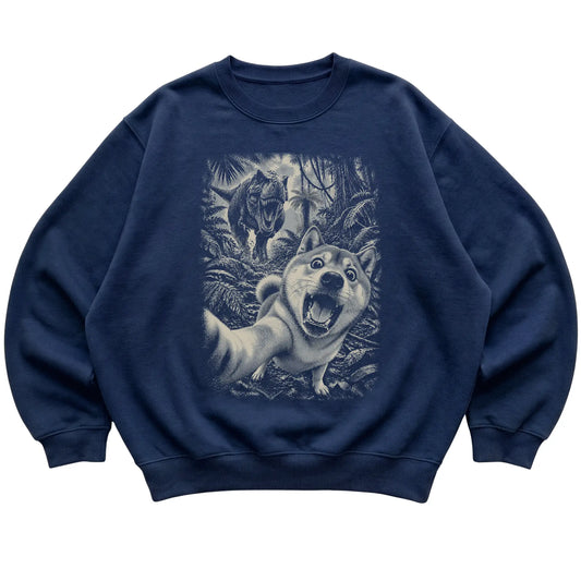 T-Rex Selfie Shiba Inu Gildan Heavy Blend Crewneck Sweatshirt in Navy, flat lay