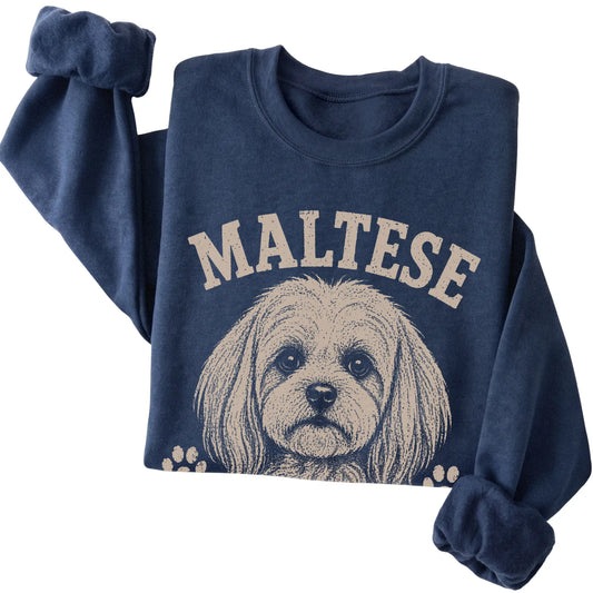 Navy crewneck sweatshirt featuring Tiny, Polished & Totally In Charge - Maltese, folded presentation