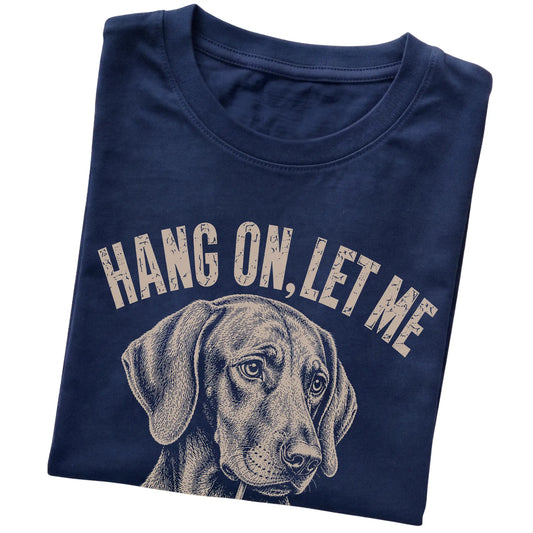 Navy T-shirt featuring Overthinking Vizsla, folded presentation