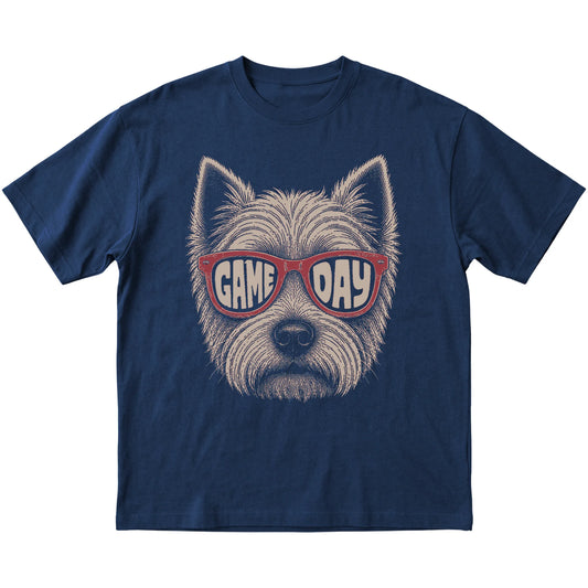 Westie Game Day design on a Navy t-shirt, flat lay