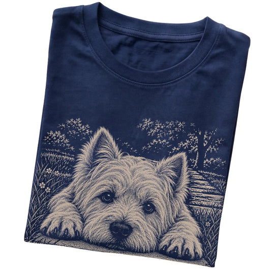 Westie Karma Softstyle T-shirt in Navy — Folded Detail