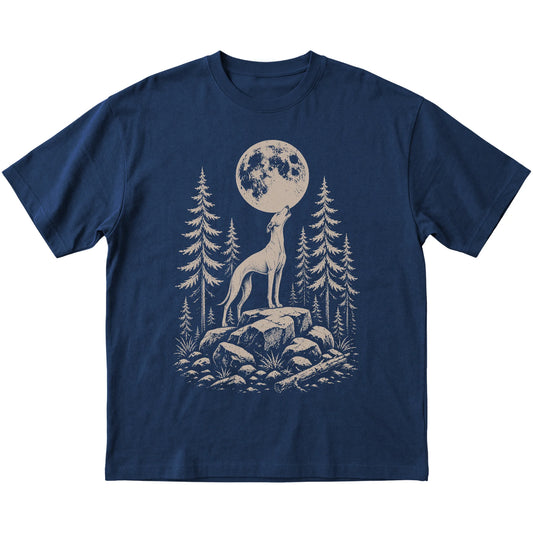 Close view of Whippet Howling at the Moon artwork on Navy softstyle T-shirt