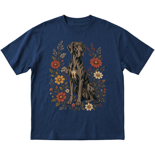 Navy Softstyle T-shirt with Great Dane portrait and wildflowers, flat lay