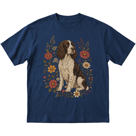 Navy Softstyle T-shirt with Springer Spaniel portrait and wildflowers, flat lay
