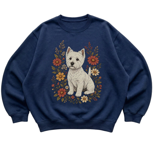 Navy crewneck sweatshirt with Westie portrait and wildflowers, flat lay