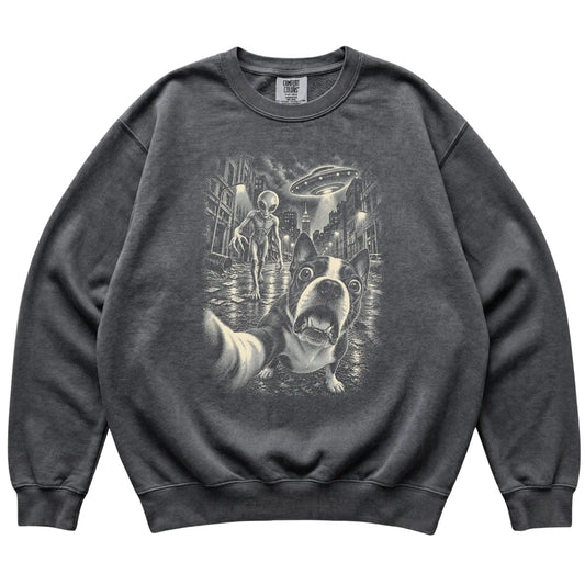 Boston Terrier Alien Selfie Comfort Colors Sweatshirt in Pepper, flat view