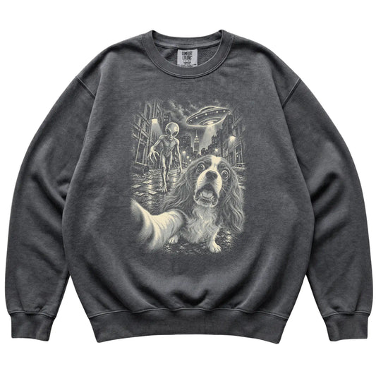 Cavalier King Charles Spaniel Alien Selfie Comfort Colors Sweatshirt in Pepper, flat view