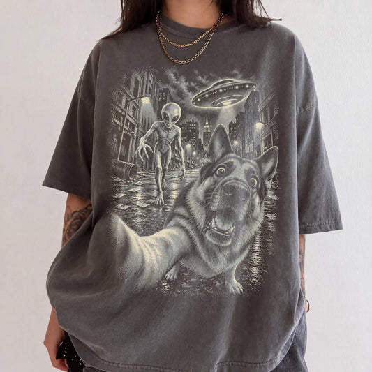 German Shepherd Alien Selfie Comfort Colors T-Shirt in Pepper, modeled view