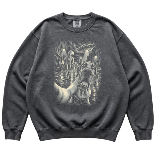 Great Dane Alien Selfie Comfort Colors Sweatshirt in Pepper, flat view