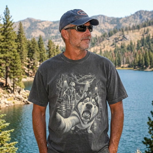 Husky Alien Selfie Comfort Colors T-Shirt in Pepper, modeled view