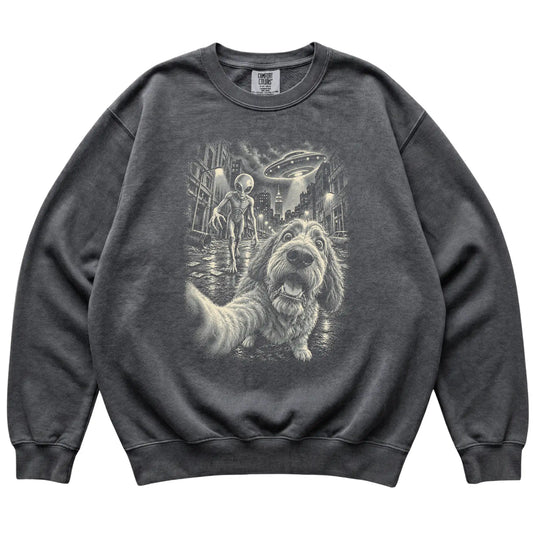 Labradoodle Alien Selfie Comfort Colors Sweatshirt in Pepper, flat view