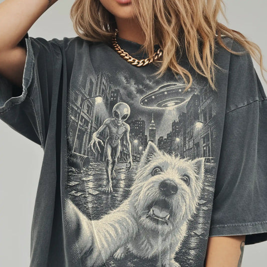 Westie Alien Selfie Comfort Colors T-Shirt in Pepper, modeled view