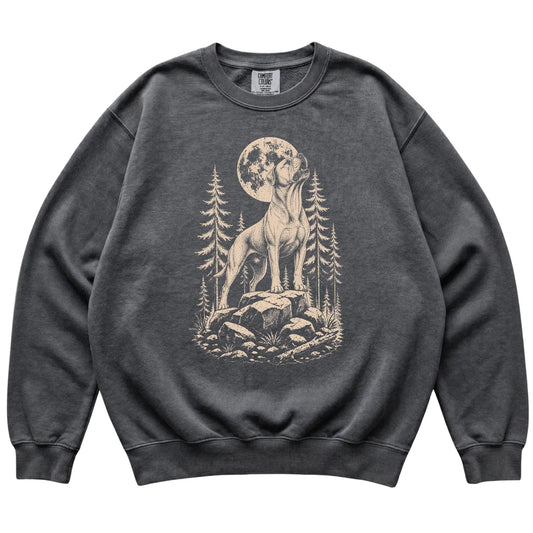 Close view of American Bulldog Howling at the Moon artwork on Pepper Comfort Colors sweatshirt