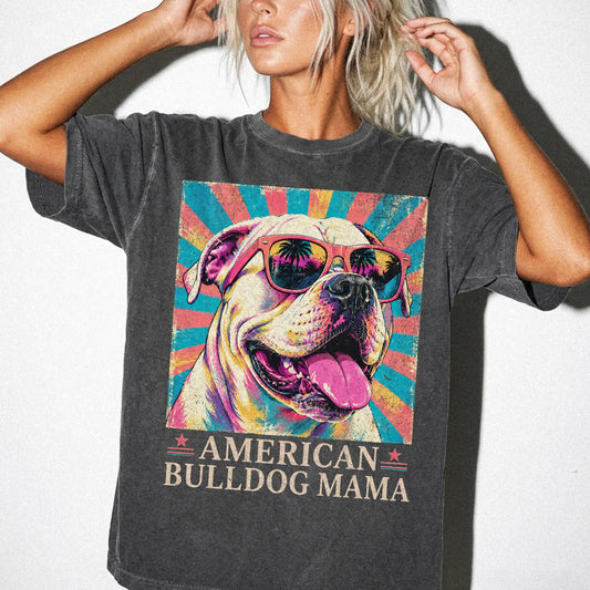 Retro American Bulldog Mama design on a Pepper Comfort Colors T-shirt worn by a model