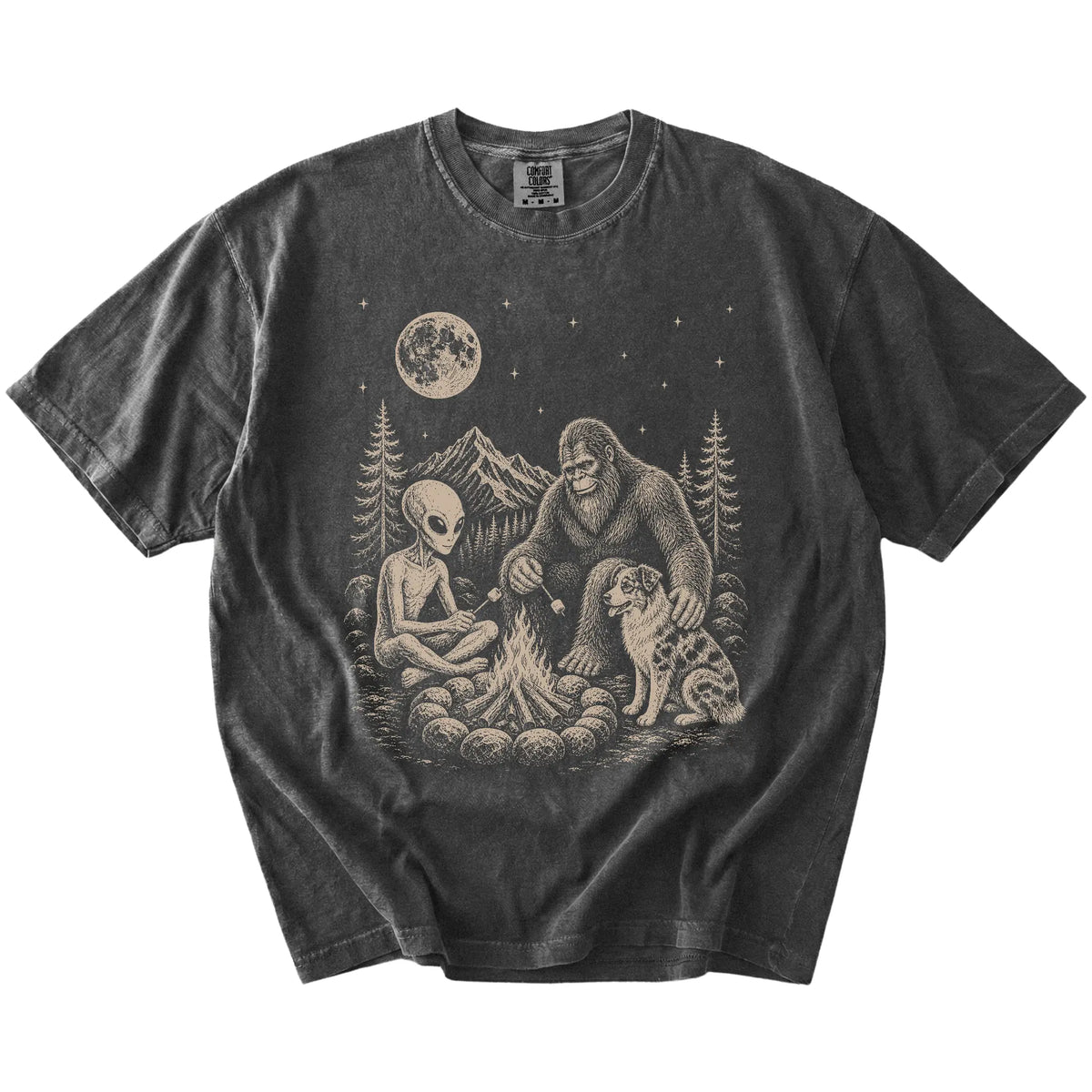 Australian Shepherd camping with Bigfoot and an alien on a Pepper Comfort Colors® T-shirt