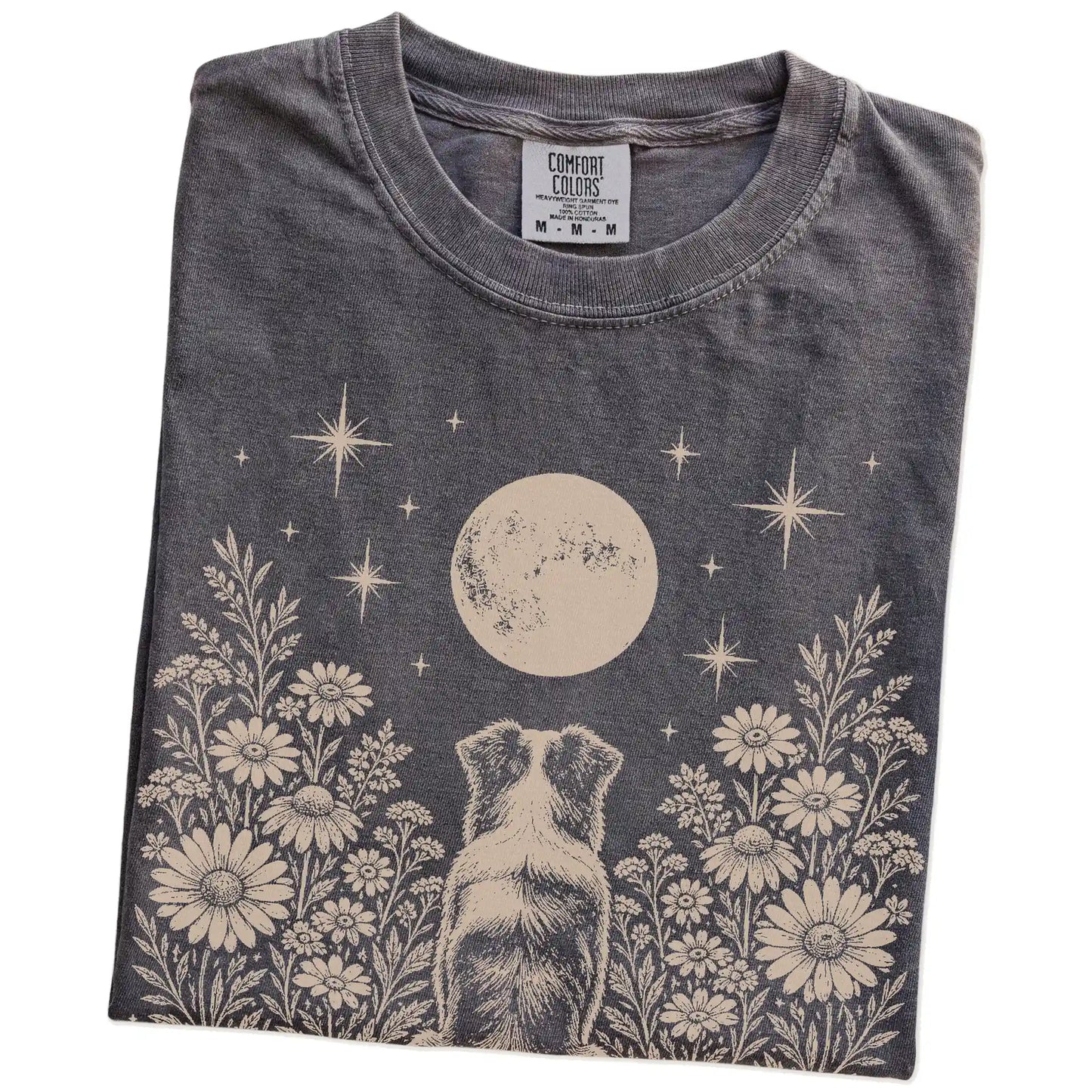 Folded Pepper Comfort Colors® T-shirt showing Australian Shepherd beneath a wildflower moon