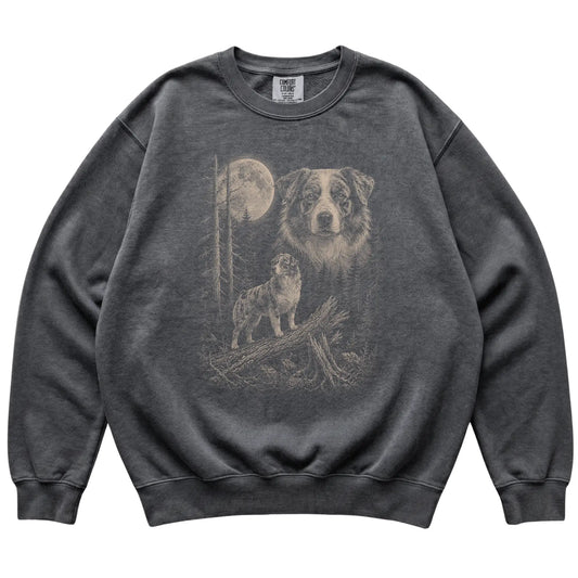 Pepper Australian Shepherd Moonlit Forest Comfort Colors sweatshirt, flat view