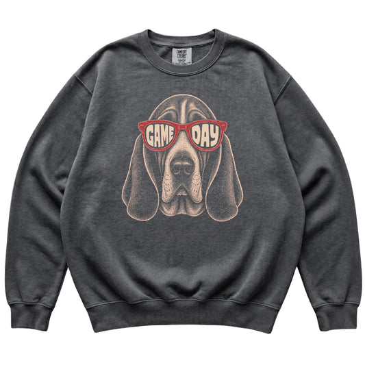 Pepper Basset Hound Game Day Sunglasses sweatshirt, laid flat