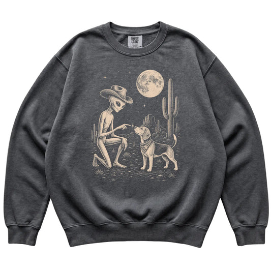 Pepper Comfort Colors® sweatshirt featuring Beagle Cowboy and Alien, laid-flat presentation