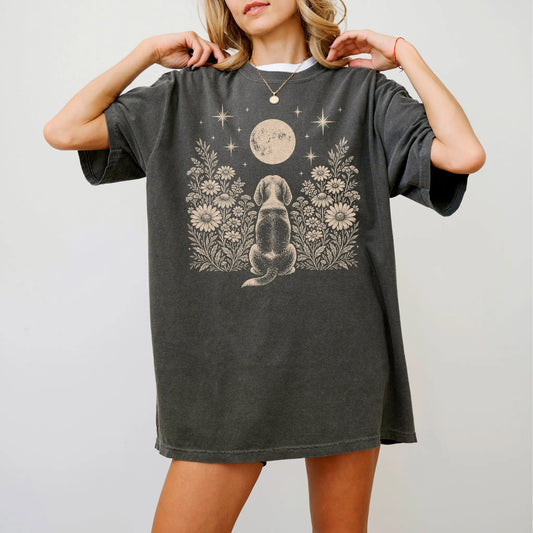 Model wearing a Pepper Comfort Colors® T-shirt featuring Beagle beneath a wildflower moon