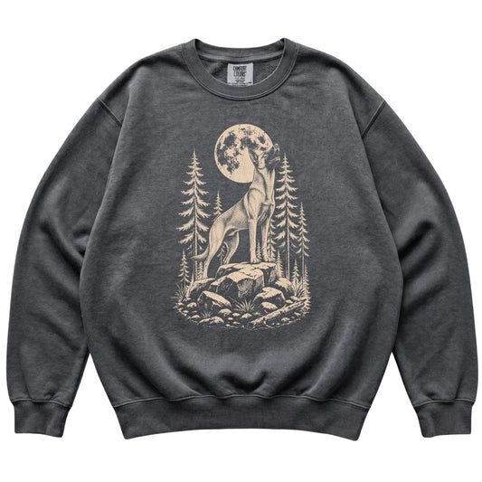 Close view of Belgian Malinois Howling at the Moon artwork on Pepper Comfort Colors sweatshirt