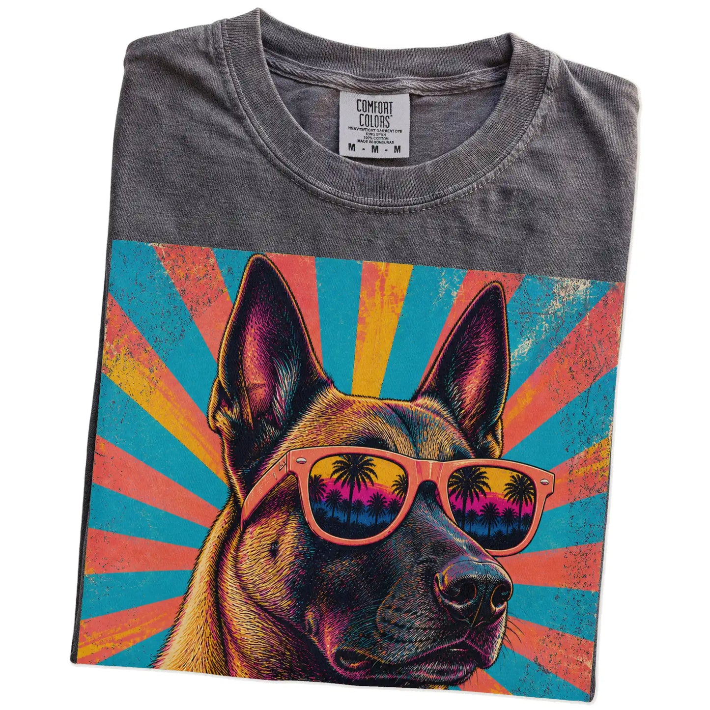 Retro Belgian Malinois Mama design on a Pepper Comfort Colors T-shirt folded detail