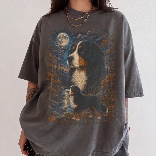 Model wearing a pepper T-shirt with Bernese Mountain Dog Autumn Moon artwork.
