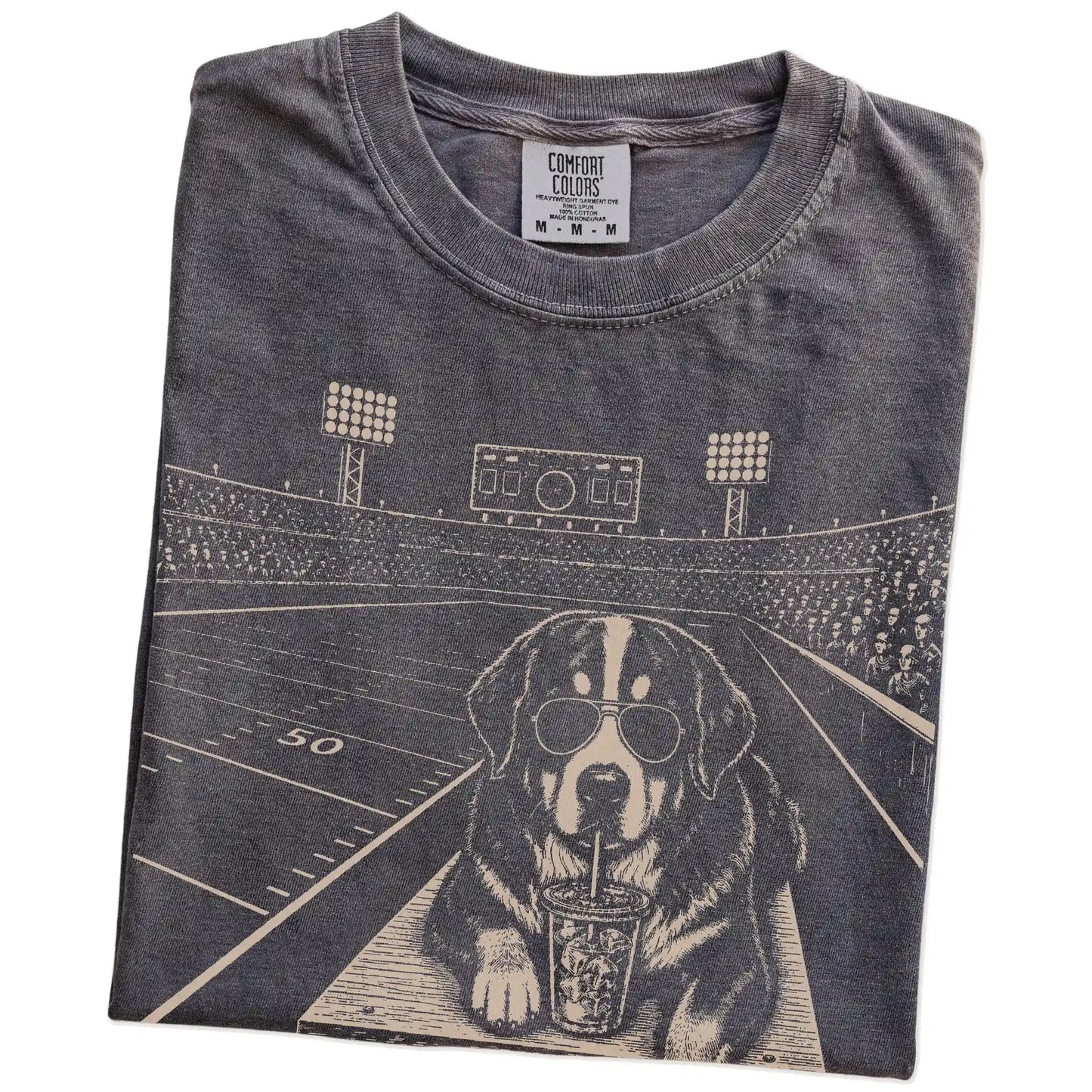 Folded Pepper Comfort Colors® T-shirt showing Bernese Mountain Dog ready for football and tailgate season