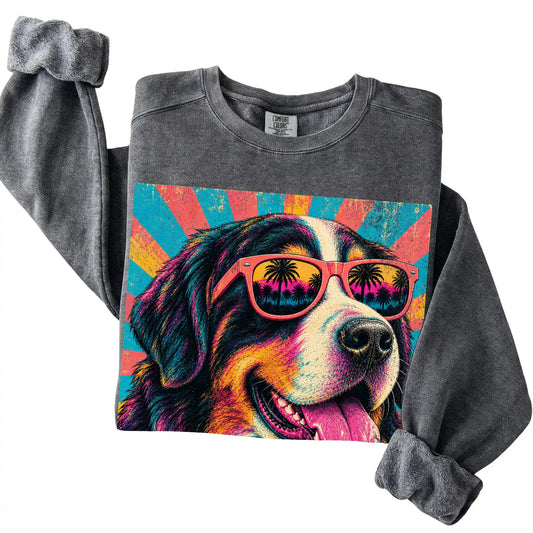 Folded Pepper Comfort Colors sweatshirt with a Retro Bernese Mountain Dog Mama design