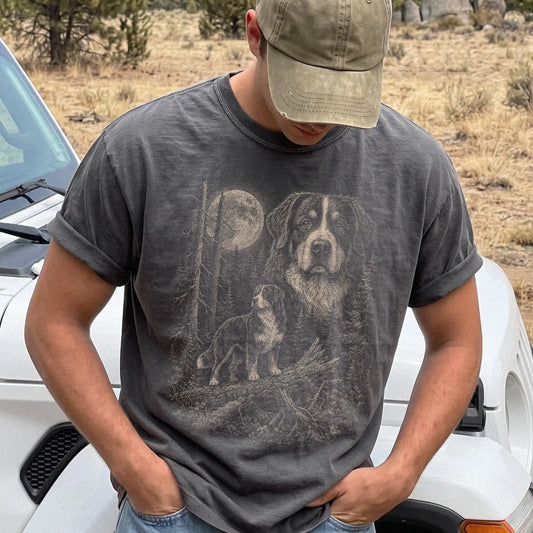 Man wearing a Pepper Bernese Mountain Dog Moonlit Forest T-Shirt